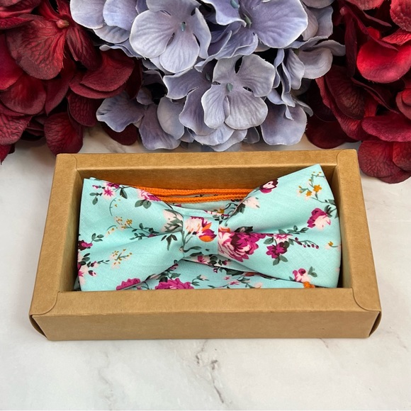 Light Blue Floral Butterfly Bow Tie and Pocket Square - Picture 14 of 16